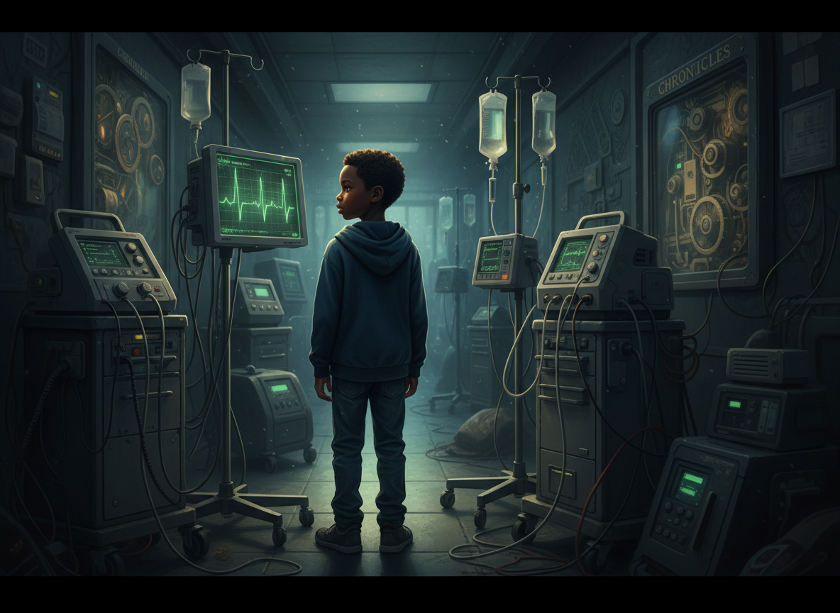 Chapter II — The Boy Who Read Hearts: chiaroscuro portrait of a young Black child watching a hospital monitor in warm light