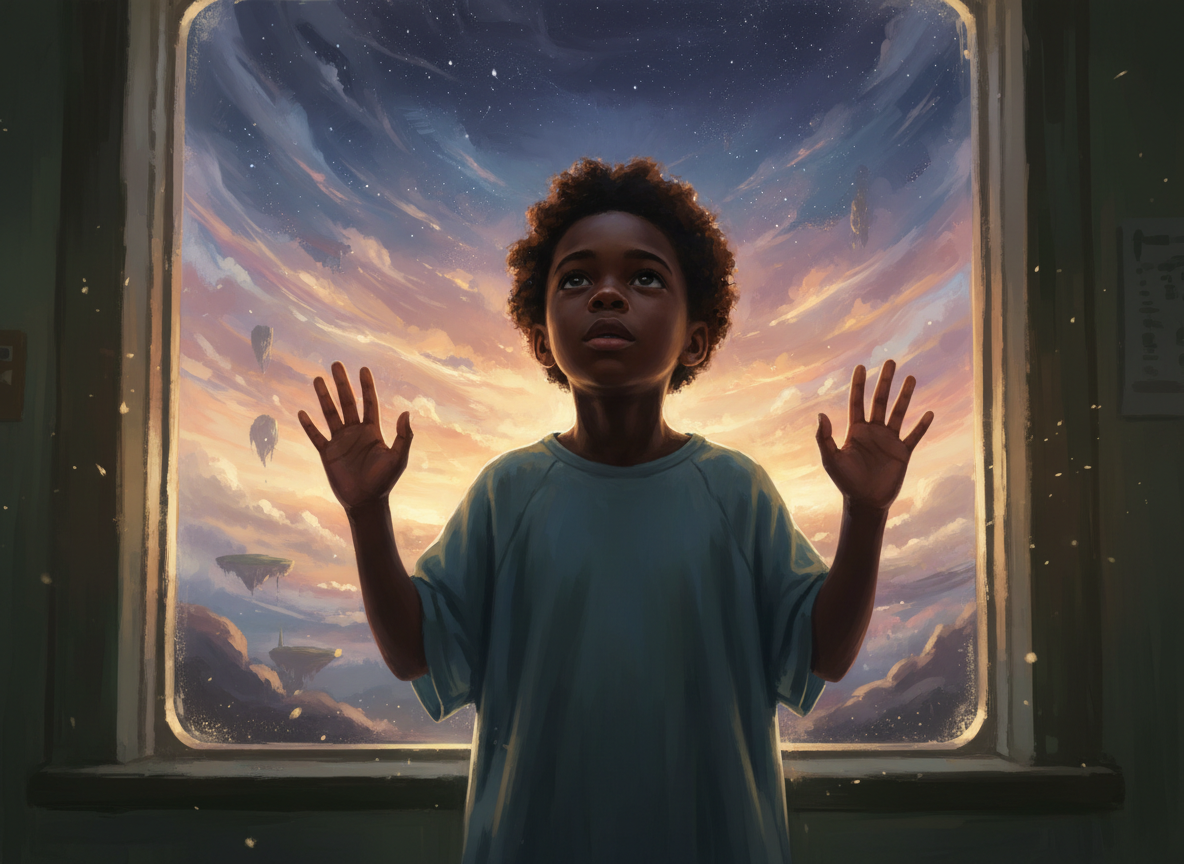Chapter IV — What the Sky Looks Like: chiaroscuro portrait of a Black boy in hospital socks looking up at an amber dusk sky