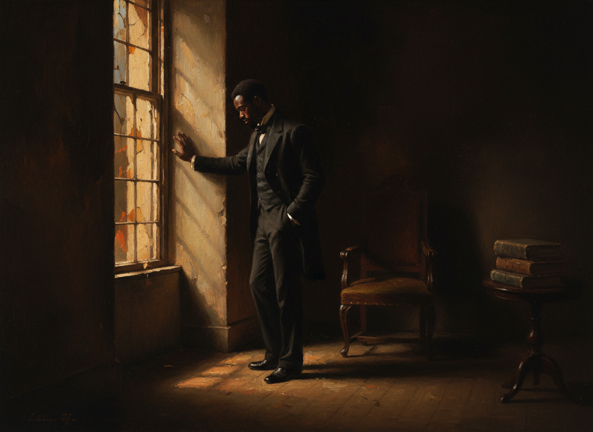 Cinematic chiaroscuro portrait evoking the poem She Controls Me