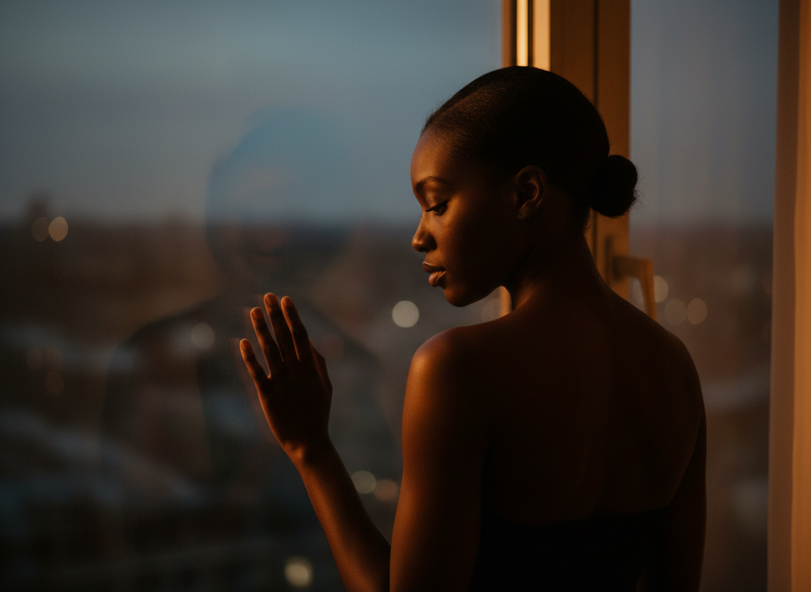 Such a Hesitant Girl — a Black woman at a window in amber light