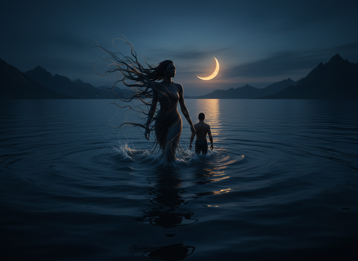 A Black woman dissolving into dark water, surrounding a man who does not notice her