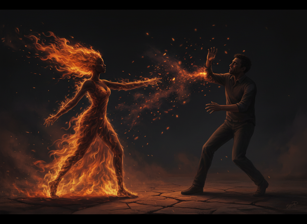 A Black woman made of flame reaching toward a man who recoils from her touch
