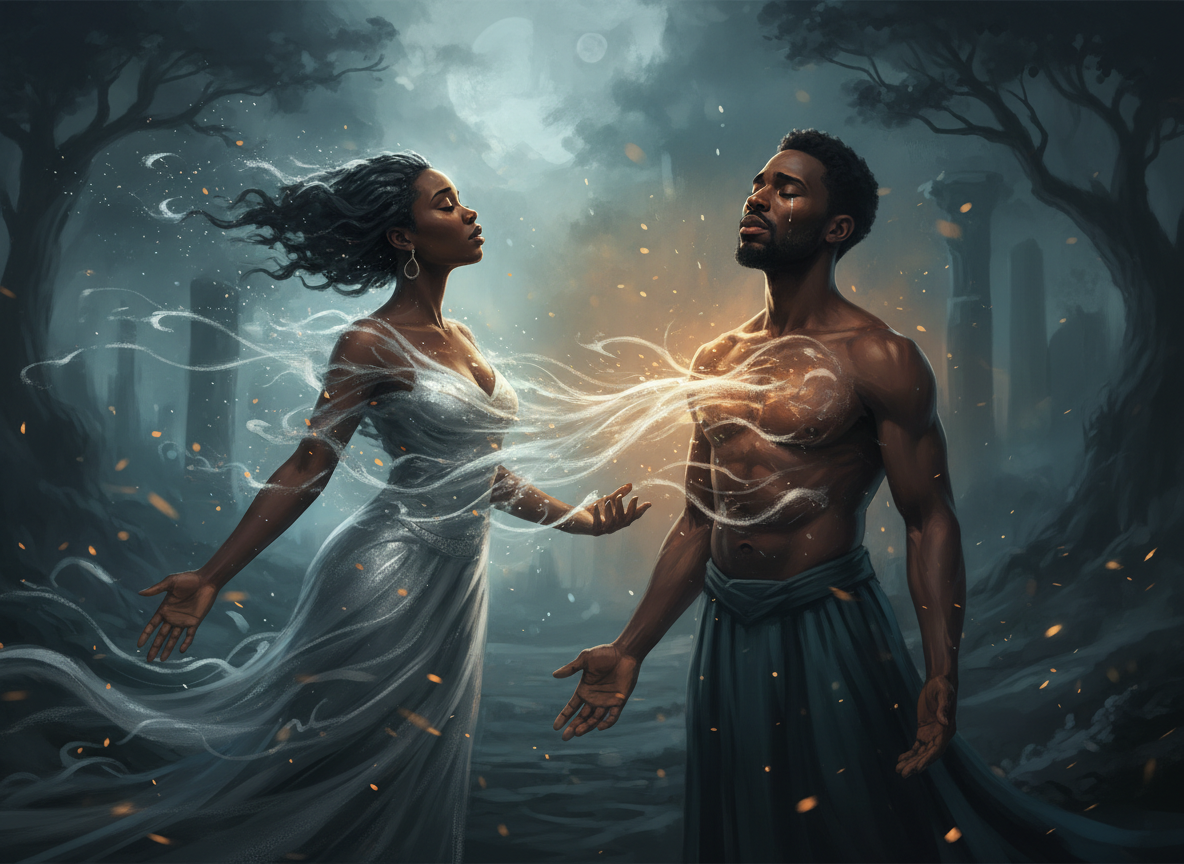 A Black woman dissolving into wind, her form flowing gently into a Black man who stands with eyes closed and hands open, receiving her.