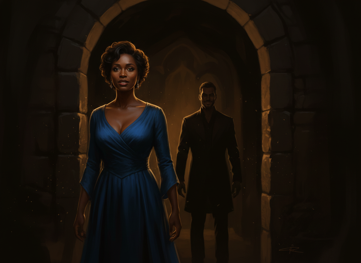 A Black woman at a dimly lit threshold, amber light on her face, a charismatic shadowed man behind her — a quiet warning.