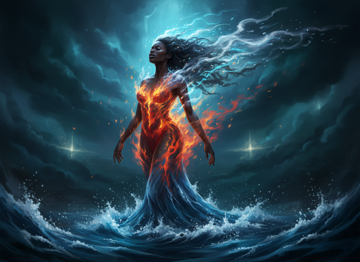 A Black woman simultaneously becoming water, fire, and air — Ask, Xhale Chronicles.
