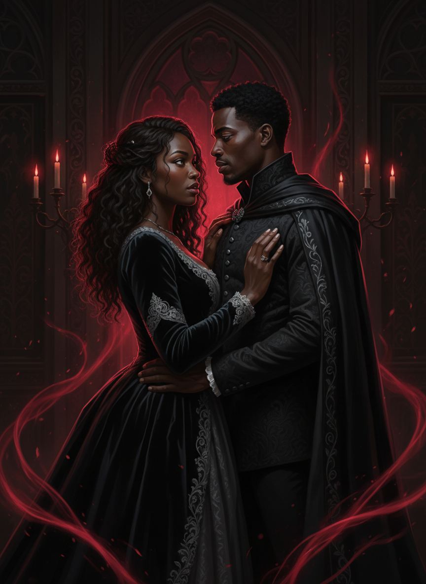 A refined literary dark-fantasy portrait of Evelyn and Lucian together as a Black couple. Evelyn is an elegant, mysterious Black woman with deep brown skin and natural textured hair; Lucian is a handsome Black man with deep brown skin. They stand close together in a shadowed room, looking toward each other with emotional intensity, surrounded by a restrained crimson supernatural glow. Sophisticated Black gothic atmosphere, cinematic low-key lighting, high-contrast black and deep charcoal palette with subtle red accents, realistic painterly editorial style, portrait composition, no text, no watermark.