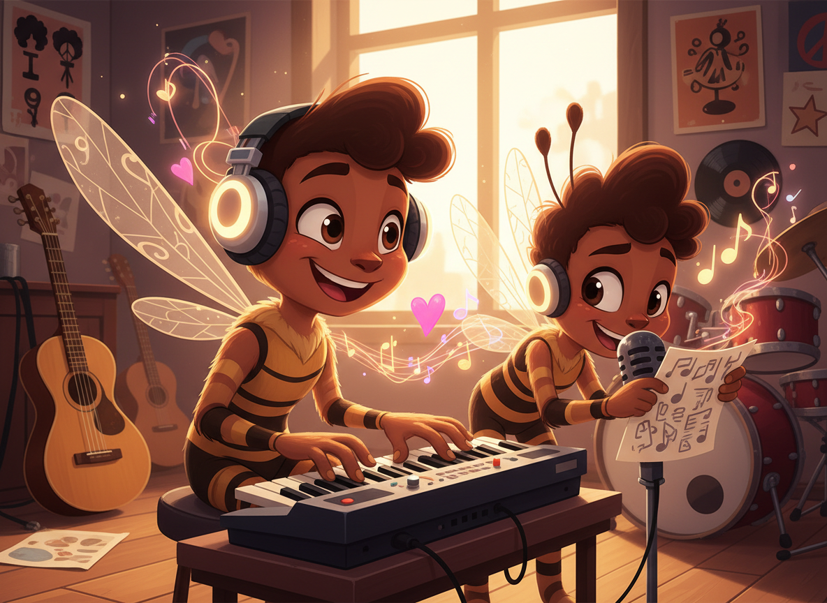 A colorful, expressive 2D cartoon illustration for a Black animated family comedy called Nest of Love. Kay, a young anthropomorphic wasp with warm brown and golden features, and his younger cousin work together in a lively school music room, creating a brand-new song inspired by old-school soul. Show headphones, a small keyboard, a microphone, musical notes, glowing sound waves, and joyful emotional connection. Playful, heartfelt, polished animation style, rich warm colors, no readable text, no real celebrities.