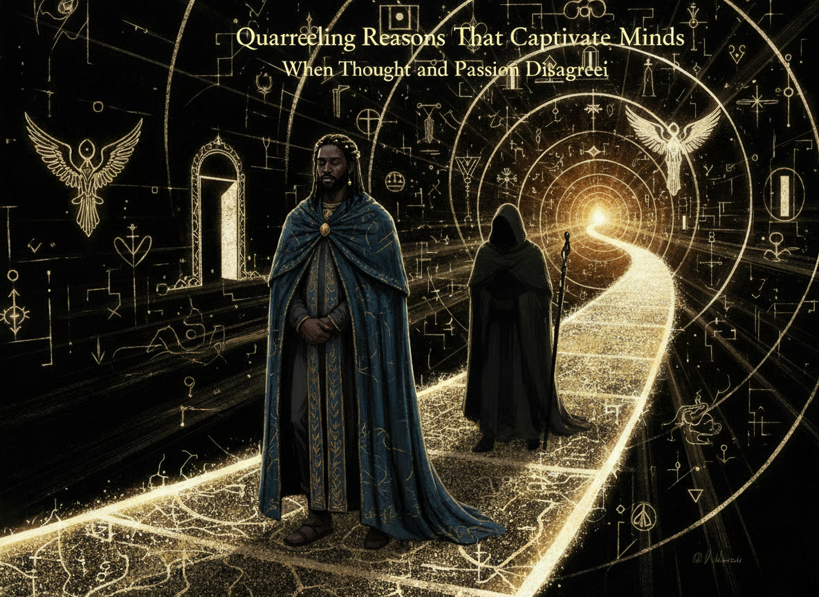 Edit the existing cover artwork only. Correct the visible wording so it reads exactly: “Quarreling Reasons That Captivate Minds” and “When Thought and Passion Disagree.” Preserve the original cartoon/literary visual design, composition, colors, characters, and all other artwork. Do not add any new text.