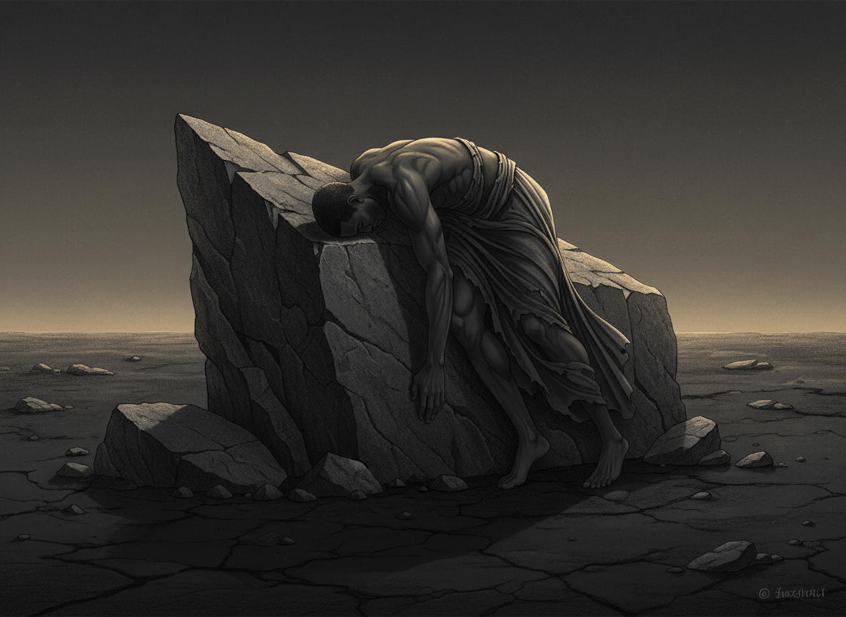 A sophisticated symbolic literary illustration for the poem “Soften the Rock”: a Black man exhausted and resting across a massive rough stone after struggling against it, his body draped over the rock in fatigue, quiet emotional weight, dark earth, charcoal and stone-gray palette with subtle warm light, contemplative editorial art, high contrast, no text or typography.