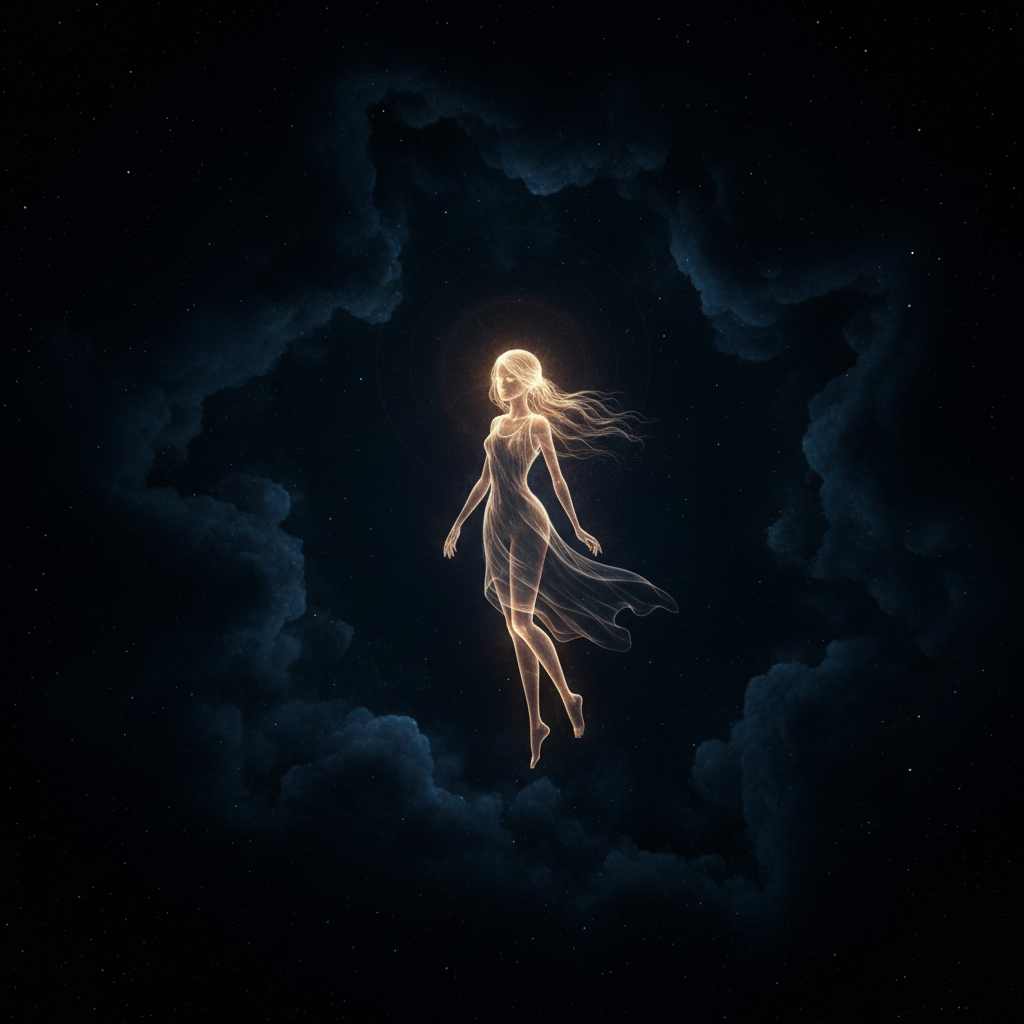 A single human-like star character, gentle and expressive, drifting alone through a deep black and midnight-blue cosmic sky. The star should feel like a small luminous person with subtle human qualities, not a literal human, not a cartoon, and not accompanied by any other figures or objects. Sophisticated literary surrealism, high contrast, restrained composition, melancholic and soulful mood, square image.