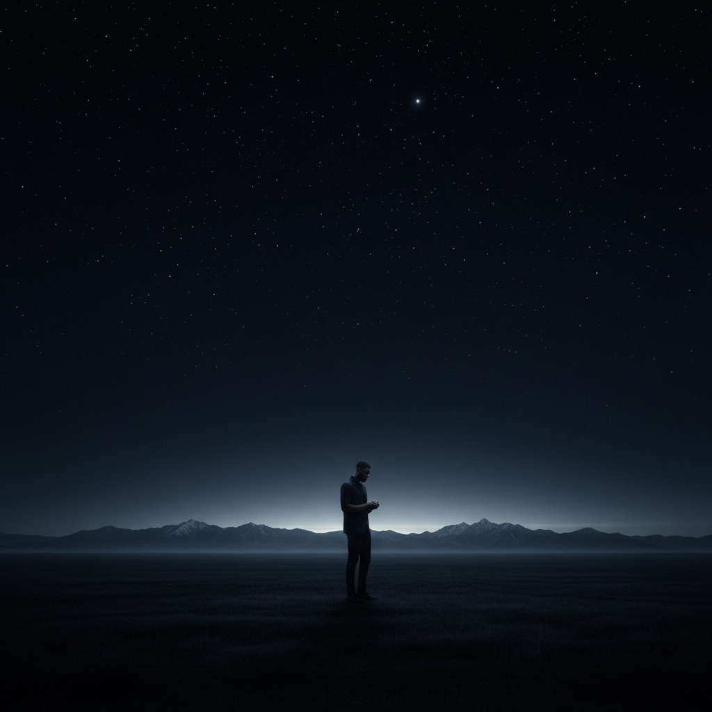 A sophisticated, literary editorial image for “Tonight”: a solitary Black man seen from far away, standing beneath a vast midnight sky, separated by open space and darkness, subtle stars and a faint horizon glow, contemplative and longing, deep black and indigo tones with restrained silver-blue light, minimalist composition, no text, no border, no collage.