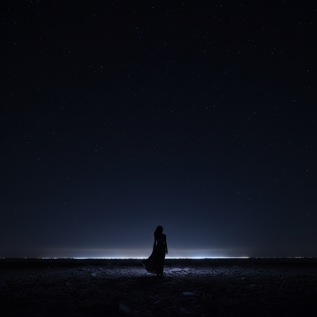 A sophisticated, literary editorial image for “Tonight”: a solitary Black woman seen from far away, standing beneath a vast midnight sky, separated by open space and darkness, subtle stars and a faint horizon glow, contemplative and longing, deep black and indigo tones with restrained silver-blue light, minimalist composition, no text, no border, no collage.
