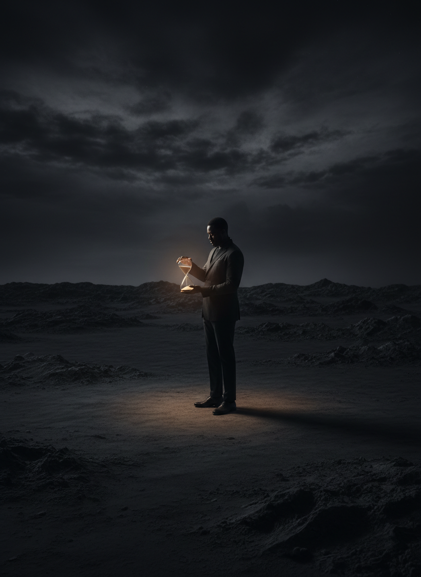 A sophisticated, literary, minimalist cinematic scene for a reflection titled “True Age”: a solitary Black man seen from far away, standing in a dark quiet landscape while holding and looking at an hourglass. Moody high-contrast black and deep charcoal tones, subtle warm light, contemplative and symbolic, refined editorial composition, no text, no extra people, clearly adult figure.