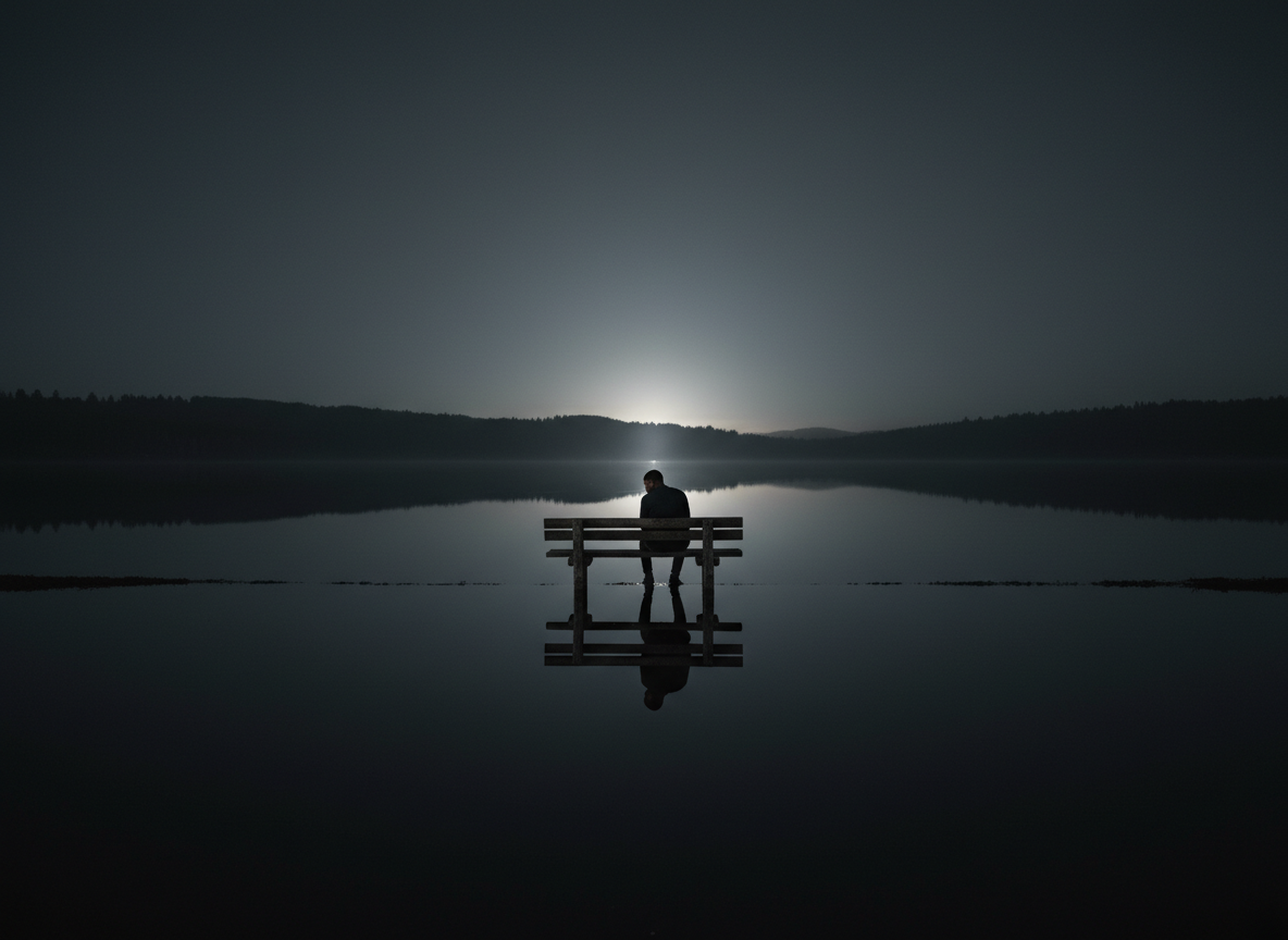 A solitary Black man sitting alone beside still, dark water, looking quietly across it while his reflection looks back at him. Viewed from far away, contemplative and emotionally restrained, literary fine-art photography, deep charcoal and muted blue-black tones, subtle moonlight, minimalist composition, sophisticated reflective mood, no text, no symbols.