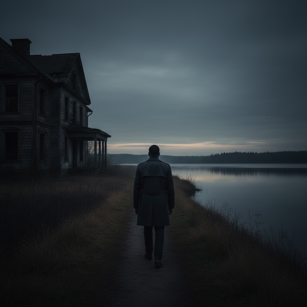 A sophisticated, literary, non-explicit square image for “Unloved”: an adult Black man walking away from a dark, abandoned house at dusk, seen from behind and at a distance. The house fades into shadow behind him while a narrow path leads toward still water and a dim horizon, suggesting he is leaving heartbreak, desire, or an old life behind. Moody charcoal, deep blue, and muted amber tones, restrained emotion, cinematic negative space, no text, no typography.