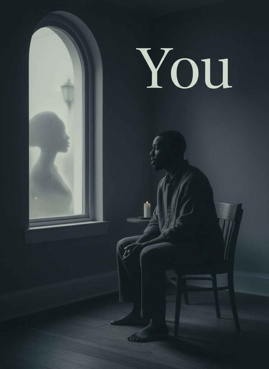 An intimate, poetic literary fine-art image for a page titled “You”: a solitary Black man seated in a dim quiet room, speaking softly toward the gentle reflected silhouette of a Black woman in a nearby window. The woman is present only as a subtle, luminous reflection—tender, distant, and emotionally real—while the man’s posture shows that he is addressing her, not himself. The image should suggest memory, longing, and an unseen conversation. Sophisticated dark charcoal and blue-gray palette, restrained warm light, minimalist composition, subtle film grain, no text, no extra people, non-sexual.