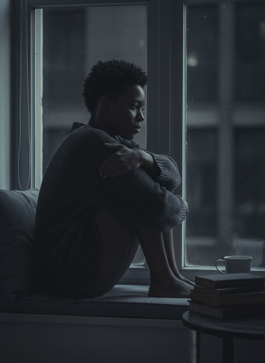 A sophisticated, intimate literary photograph for the poem “Shiver”: a solitary Black person sitting alone at night, arms wrapped around their own body as if trying to hold themselves, shoulders subtly trembling, posture expressing loneliness and a deep longing to be held, an empty space beside them suggesting the absent embrace, soft window light, deep charcoal and muted blue tones, realistic editorial photography, emotionally restrained, no text, no other people.